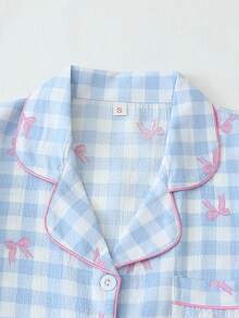 两件套蓝白格子蝴蝶结印花睡衣套装，甜美可爱翻领纽扣上衣和蝴蝶结短裤，女士睡衣家居服 - 藍色 - 查看 3