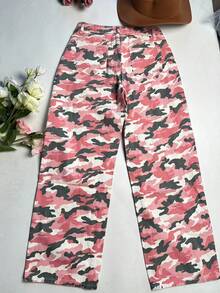 Tall Women's Casual Straight-Leg Jeans With Pocket Details, Extended Length Camouflage Print, Non-Stretch Fabric, Suitable For Everyday Wear. - Pink Camouflage - View 6