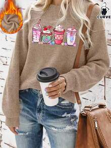 Valentine's Day Printed Pattern Drink Cup, Women Plus Size Casual Faux Fur Sweatshirt, Warm, Suitable For Autumn/Winter, Outdoor Wear, Chinese New Year, Valentine's Day Gift