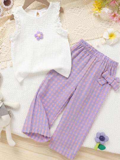 2pcs/Set Girls Soft & Comfortable Casual Fashion Cute Outfit, 3D Floral Ruffle Trim Knit Round Neck T-Shirt Vest + Bow Decor Plaid Straight Pants, Girls Suit, Suitable For Summer Daily Wear, Vacation, Outdoor Activities