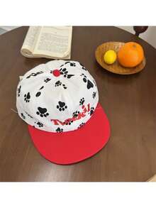 Gorra de béisbol coreana con huellas de perrito y bicolor, suave, visera plana, bordado de letras, mujer, protección solar, adelgaza la cara - Rojo - Ver 1