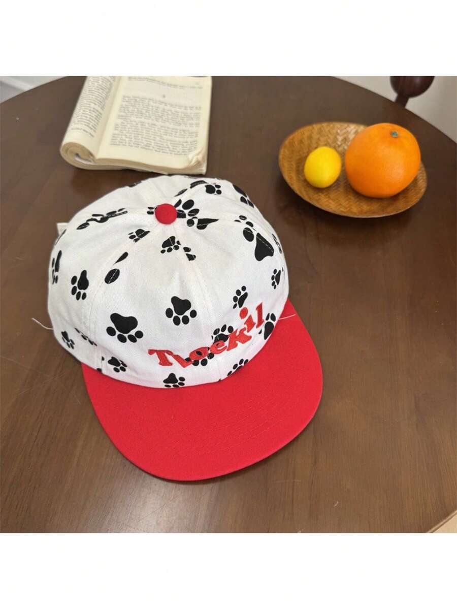Gorra de béisbol coreana con huellas de perrito y bicolor, suave, visera plana, bordado de letras, mujer, protección solar, adelgaza la cara - Rojo - Ver 1