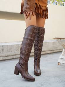 Women's Fashion Side Zipper Western Over-The-Knee Chunky Heel Cowboy Boots, Western Embroidered Retro Chunky Heel Mid-Calf V-Cut Riding Boots, Fashionable Boots - Brown - View 5