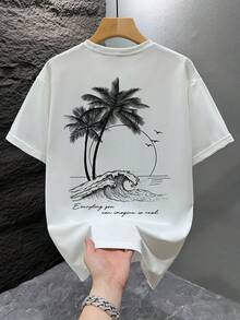 男士时尚沙滩椰树海浪印花宽松休闲百搭短袖T恤 | 精致设计 | 夏季必备 | 时尚搭配 - 白色 - 查看 4