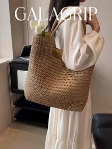 1pc Fashionable High-End Fresh Niche Versatile Woven Tote Bag, Large Capacity Beach Casual Shoulder Straw Bag - Brown - View 1
