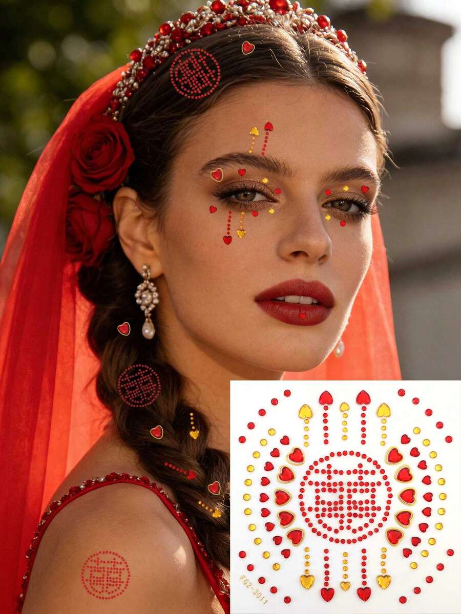 1 Sheet Bold Red & Gold Heart & Circular Rhinestone DIY Face Gems Self-Adhesive Face Jewels For Carnival Parades Latin Parties & Vibrant Makeup Looks Reusable Shiny Face Rhinestones For Women & Festive DIY Beauty Lovers,Rhinestone Face Sticker