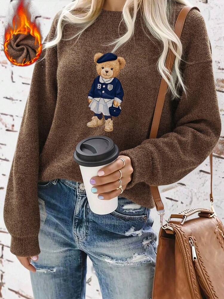 Camiseta casual e quente com estampa de urso de pelúcia para outono/inverno, adequada para look do Dia de São Patrício, amuleto da sorte, trevo, carnaval, ano do cavalo, estampa gráfica do Dia dos Namorados, presente do Dia dos Namorados para mulheres, look casual do Dia dos Namorados, fantasias de carnaval 2026, elemento cavalo no carnaval, roupas de volta às aulas, ideias de looks escolares, itens essenciais de volta às aulas, look do primeiro dia de aula, looks de volta às aulas 2026 - Castanho - Visão 2