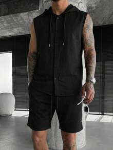 Men's Linen Casual Hooded Vest And Drawstring Shorts 2 Pieces Set, Summer - Black - View 2