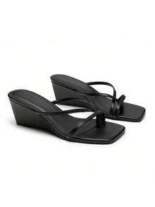 Athlefit Women's Dressy Summer Wedge Sandals Slip On Casual Strappy Thong Slides Cute Square Open Toe Flip Flop Heels - 黑色 - 查看 5