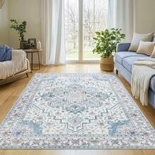 Blue,Area Rug 5x7 Feet Living Room Rug Pink And Blue Bohemian Style Washable Machine-Washable Rug Non-Slip Indoor Rug Foldable Large Size Soft Rug Suitable For Dining Room, Bedroom, Study, And Dormitory - 藍色 - 查看 1