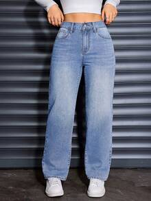 Plus Size Women's Fashion Solid Light Blue Washed Denim Cat Whisker Pocket Rigid Denim Wide Leg Jeans, Casual Wear For Spring, Summer, Autumn, Winter - Light Wash - View 3
