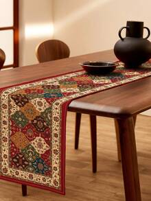 1pc Bohemian Geometric Vintage Floral Print Linen Table Runner, Suitable For Holidays, Parties, Birthdays, Dinners, Kitchen & Dining Room Decor, Dresser/Cabinet Cover, All Season Home & Textile Decor - Multicolor - View 2