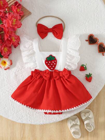2pcs/Set Baby Girls' Casual Daily Sweet Cute Contrast Color Crochet White Hollow Puff Sleeve Square Collar Big Strawberry Embroidery Decor Patchwork Red Bow Romper And Bow Headband Set, Summer
