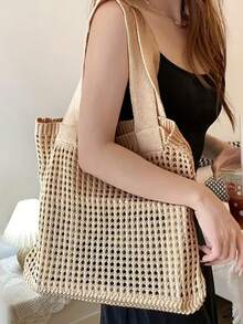 极简针织镂空编织手提包，大容量多功能单肩包，沙滩包 - 彩色 - 查看 3