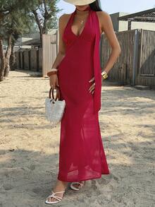 Unadoll Women's Sexy V-Neck Tie Front And Back Slit Polka Dot Fabric Elegant Dress, Suitable For Dates, Vacations, Outings, Valentine's Day, Dinners, Birthday Parties And Other Occasions - Red - View 3