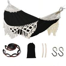 Nouveau style bohème Hamac suspendu pour 2 personnes avec glands, tiges en bois incurvées anti-basculement, complet avec sac en tissu et sangles, convient pour le patio extérieur, le jardin, le camping, l'équipement essentiel pour l'extérieur - Multicolore - Voir 9