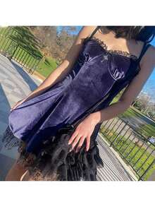 Womens Gothic Lolita Dress Velvet Camisole Dresses Sleeveless Spaghetti Strap Punk Grunge Emo Dress Goth Alt Witchy Fairy Dress Ruffle V-Neck Lace Trim Bowknot One-Piece Halloween Costumes - 紫羅蘭色 - 查看 5