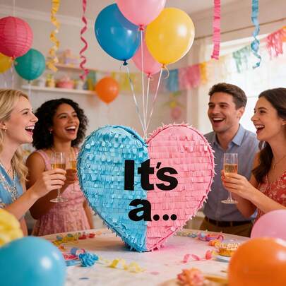 5件套心形皮纳塔，性别揭晓主题皮纳塔，适用于性别揭晓派对、派对装饰、趣味皮纳塔装饰、拍照道具，适合各种派对，包含球棒、眼罩、蓝色和粉色彩纸屑。