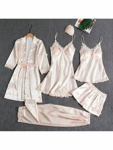 Five-Piece Set - Women's Summer Ice Silk Pajamas, Sexy And Hot, Adult Long-Sleeved Thin Women's Bathrobes For Spring And Autumn, Five-Piece Set, Multi-Color - Bộ sâm panh năm món - Xem 1