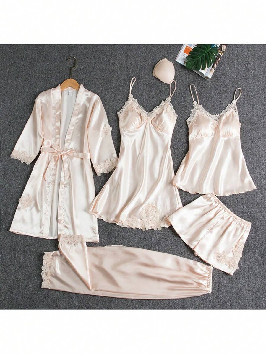 Five-Piece Set - Women's Summer Ice Silk Pajamas, Sexy And Hot, Adult Long-Sleeved Thin Women's Bathrobes For Spring And Autumn, Five-Piece Set, Multi-Color - Five-piece Champagne Set - View 1