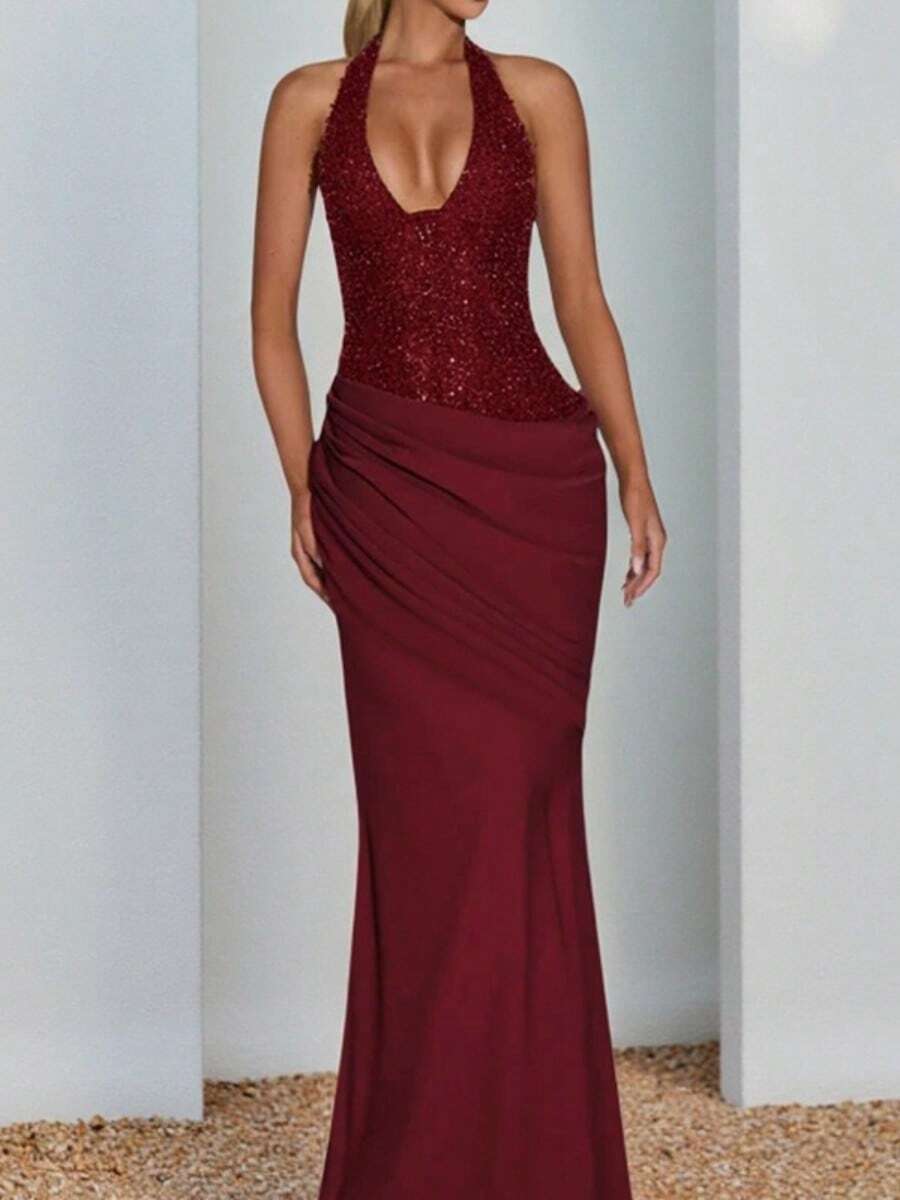 Vestidos Elegantes De Mujer Formal Gowns For Women Evening Elegant Vacation Outfits Women Paneled Bodycon Maxi Dress Shimmery Knit Deep V Halter Formal Gown Vestidos Elegantes De Mujer Formal Gowns For Women Evening Elegant - 酒紅色 - 查看 1