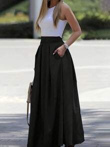 Falda de corte A de unicolor de cintura alta para looks de mujer - Negro - Ver 5