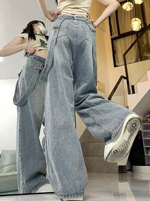 可拆卸吊带高腰宽松喇叭牛仔裤，复古独特休闲春季款 - 淺色水洗藍 - 查看 2