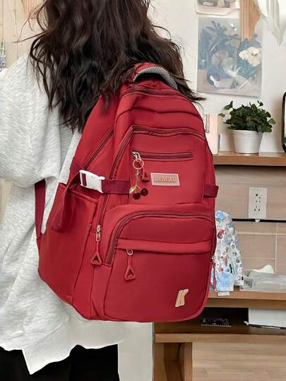 1 pieza Mochila de gran capacidad y estilo (con colgante de cereza) - Mochila escolar/de viaje casual para estudiantes, adecuada para almacenar libros en el aula, llevar en salidas diarias, organizar la oficina y los viajes cortos (escritorio del campus, compras diarias, viajes a la oficina, viajes cortos), almacenamiento de útiles escolares, organización de artículos personales diarios, organización de documentos de oficina, empaque ligero para viajes