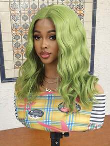Synthetic Heat-Resistant Wig 4x2 U-Shaped Lace Wig, 16 Inches, Medium Length Curly Hair, Naturally Soft, Olive Green Realistic Wig, Easy To Wear, Synthetic Fiber Material, Heat-Resistant, Naturally Realistic, Suitable For Girls' Gatherings, Role-Playing, And Daily Wear - Olive Green - View 3