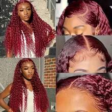 34英寸 200% 密度 深波浪蕾丝前假发 混合真人发 13x4 高清蕾丝前假发 真人发 无胶预拔毛卷发真人发假发 带婴儿发 湿润波浪假发 # 酒红色 99J - SBUG - 查看 5