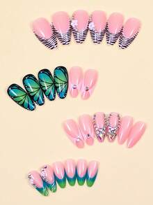24 st Rosa & Blågrön Mandel Press-On Naglar Fjärils Strass Design Lösnaglar