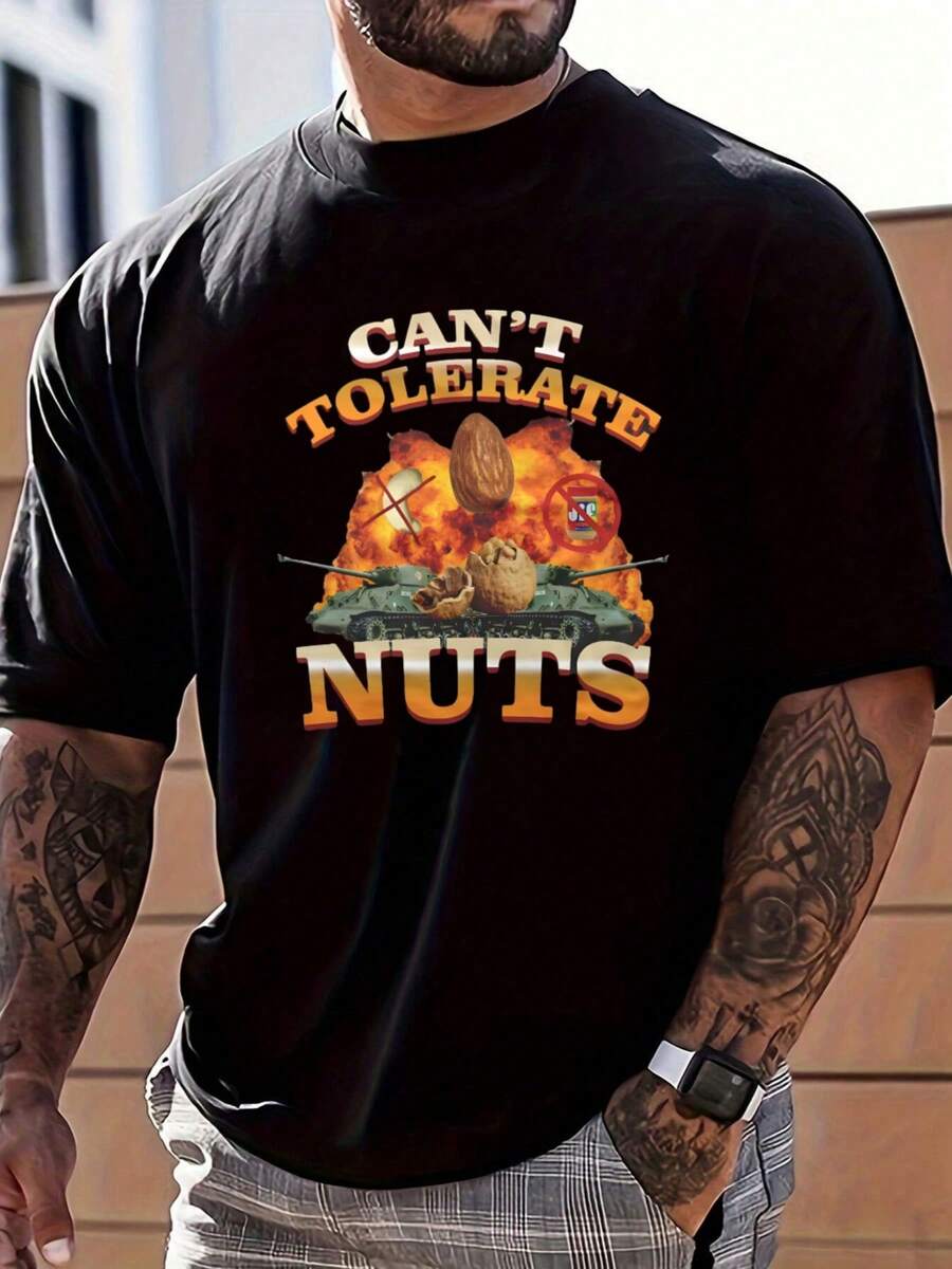 Cant Tolerate Nuts Humor Graphic Tee Allergy Themed Casual Shirt,Soft & Lightweight Skin-Friendly T Shirt For Men,100 Percent Cotton Graphic T Shirts,Ustralia T Shirt,Valentine's Day,Funy Shirt,Streetwear - Black - View 1