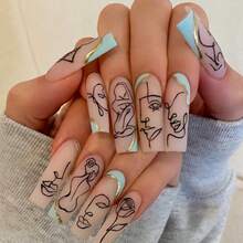 DANMANR Long Press On Nails Square French Fake Nails Full Cover Nude Acrylic False Nails For Women And Girls 24PCS (Bling Multicolor) - 淺藍色 - 查看 9