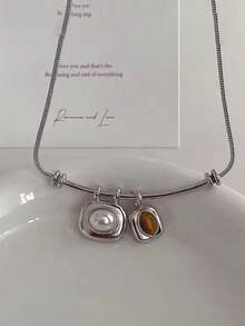 1PC French-Style Casual Asymmetrical Geometric Tiger's Eye-Inspired Pendant Necklace, Punk-Inspired Minimalist Women's Collar Necklace, Everyday Accessory - Pendant Necklace - View 6