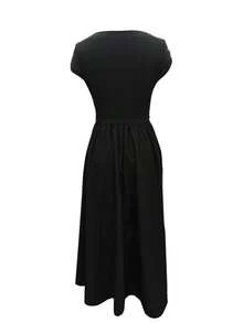 Women's Elegant Fashion Pleated Shoulder Patchwork Fabric Tie-Waist A-Line Midi Dress With Hooded Sleeves, Spring/Summer Black - Black - View 2