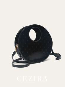 CEZIRA Elegant Lacquered PU Vegan Leather Fashion Unique Round Handbag, Heart-Shaped Embossed Magnetic Snap, Adjustable Shoulder Strap, Crossbody Bag, Suitable For Commuting, Business, Daily Use, And Outings - Black - View 1