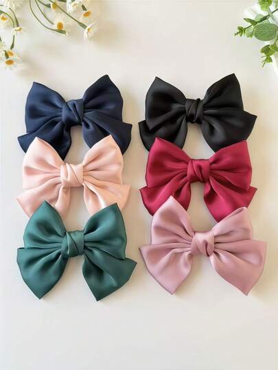 6pcs Women's Fashion Elegant Solid Color Fabric Satin Bow Alligator Hair Clips, Available In Black, Navy, Pink, Red, Green, Beige, Suitable For Ponytail, Daily Outings, Vacation Hairstyle Decoration, Bohemian, Elegant, Cute