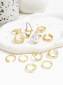 12pcs Baroque Style Faux Pearl Rings Set, Asymmetrical Layered Rings With Diverse Elements For Women - Gold - View 2
