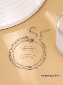 2pcs Set Minimalist Stainless Steel Round Snake Chain & Cross Bracelet Set, Elegant Everyday Wear For Women - Silver - View 6