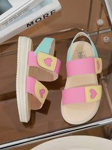 1 Pair Girls' Summer Flat Sandals, Heart Stitching Design, Colorblock, Hook And Loop Closure, Round Toe Slip-On Flats, Suitable For Beach, Vacation, Daily Wear - Multicolor - View 2