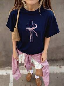 1 件女童休闲蝴蝶和十字架印花圆领短袖 T 恤，夏季学生青年服装 - 带有艺术蝴蝶和十字架设计的 T 恤激发想象力和自我表达 - 藏蓝色 - 查看 1