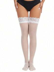 1 paire de bas hauts pour femmes grande taille de style européen et américain, collants transparents avec bordure en dentelle sexy, chaussettes montantes séduisantes en dentelle - Blanc - Voir 3
