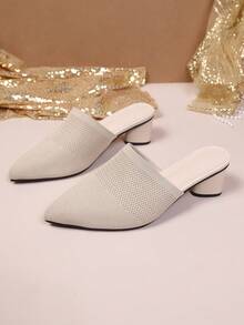 女士时尚露跟尖头粗跟套脚凉鞋 - 米色 - 查看 3