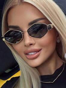 1 par de gafas de moda unisex con marco de metal vintage en forma de rombo y poligonal, marco de metal único adecuado para fotografía callejera, vacaciones y uso diario - Dorado - Ver 1