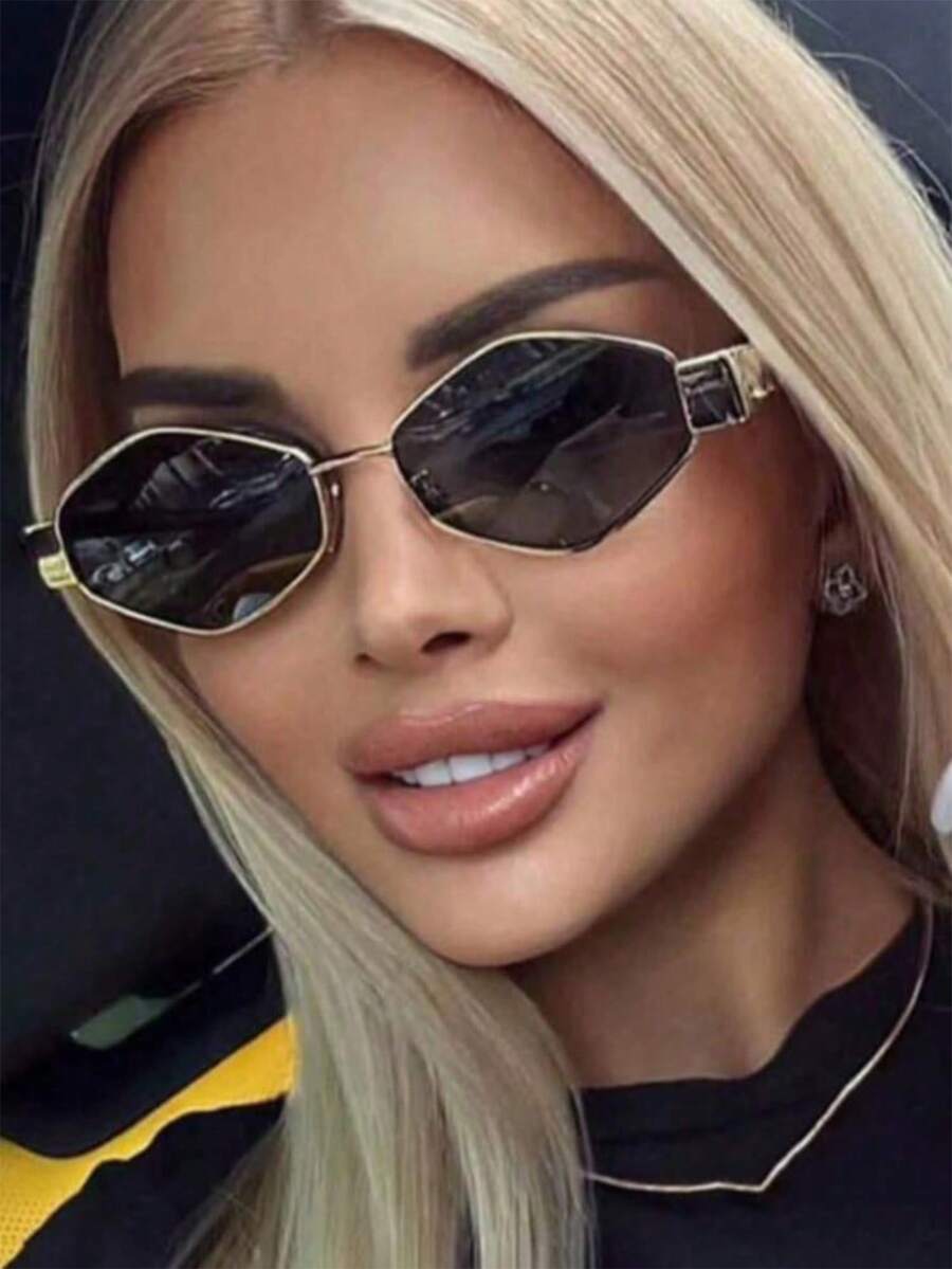 1 par de gafas de moda unisex con marco de metal vintage en forma de rombo y poligonal, marco de metal único adecuado para fotografía callejera, vacaciones y uso diario - Dorado - Ver 1