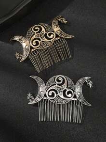 1件复古维京凯尔特发梳 - 优雅的月亮和星星设计发夹 - 神秘仙女发饰，适合女孩，发饰礼品梳，侧梳，婚礼，发饰 - 彩色 - 查看 1
