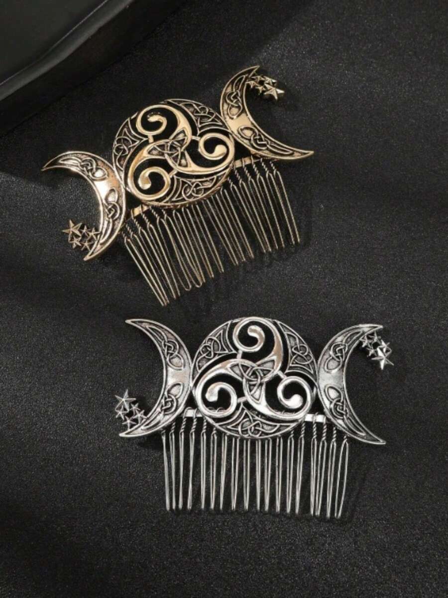 1件复古维京凯尔特发梳 - 优雅的月亮和星星设计发夹 - 神秘仙女发饰，适合女孩，发饰礼品梳，侧梳，婚礼，发饰 - 彩色 - 查看 1