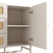 White Rattan Chest Of Drawers With Gold Handles, Country Style, With 3 Drawers And 1 Door, Height-Adjustable Shelves And Anti-Tip Device, 120x85x40 Cm (W/H/D)