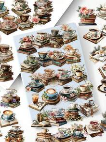 50pcs Vintage Book & Coffee Stickers For DIY Decorating Notebooks, Phone Cases, Water Bottles, And IPads New Waterproof Cross-Border Decals - Multicolor - View 3