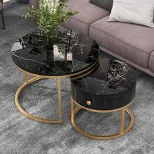 (Original Reference: WF303615AAA) Modern Nesting Coffee Table, Glossy Marble Pattern, Set Of 2 Round Coffee Tables, Round Nesting Side Table - Black - View 3